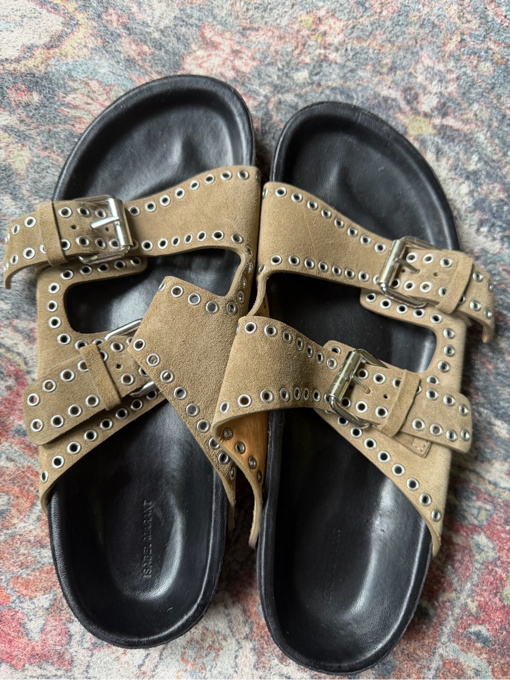 Isabel Marant Lennyo Studded Suede Double Buckle Slide Sandals EU 40 Taupe/Olive